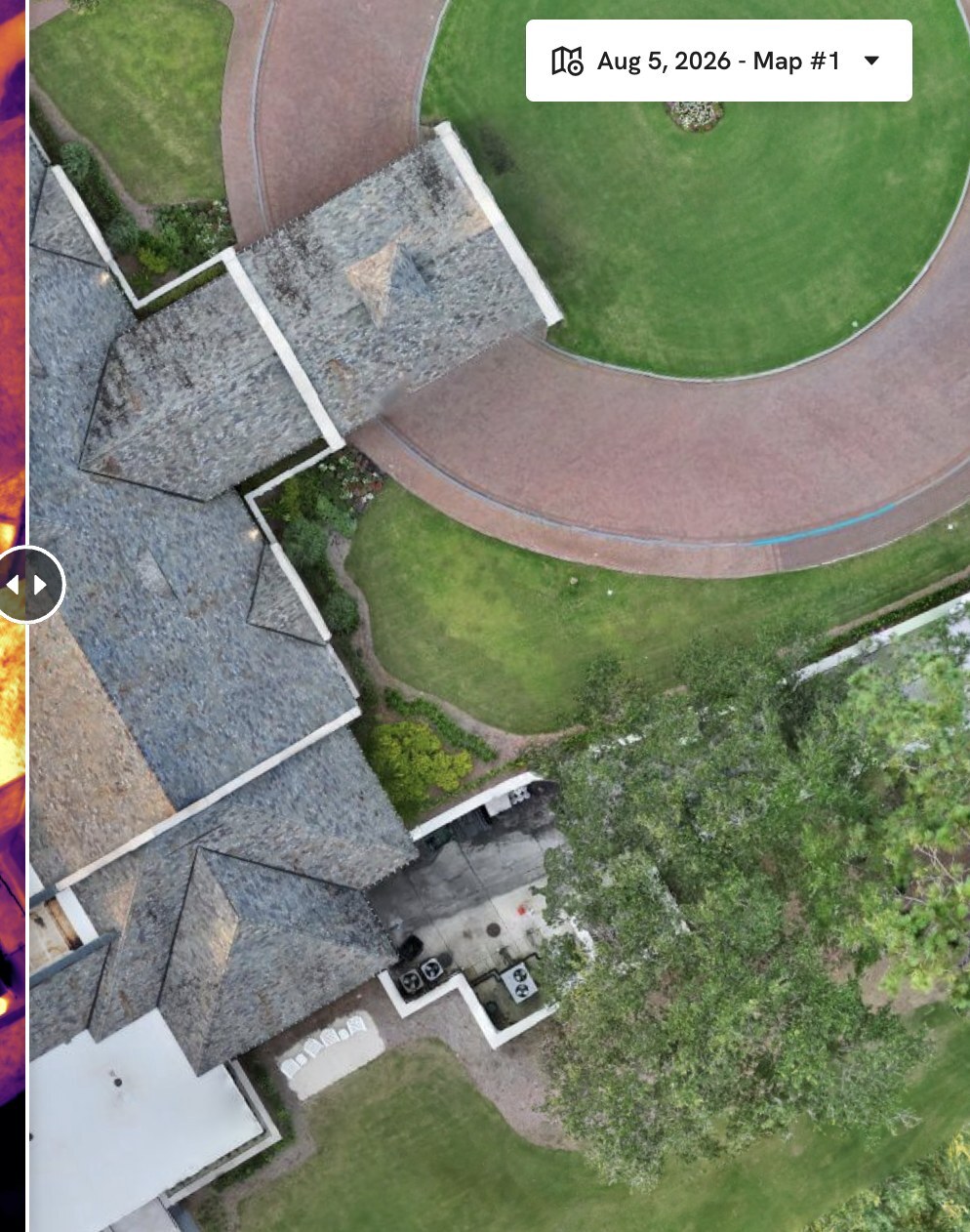 RGB orthomosaic of a commercial low-slope roof, showing drains, penetrations, seams, and rooftop units.