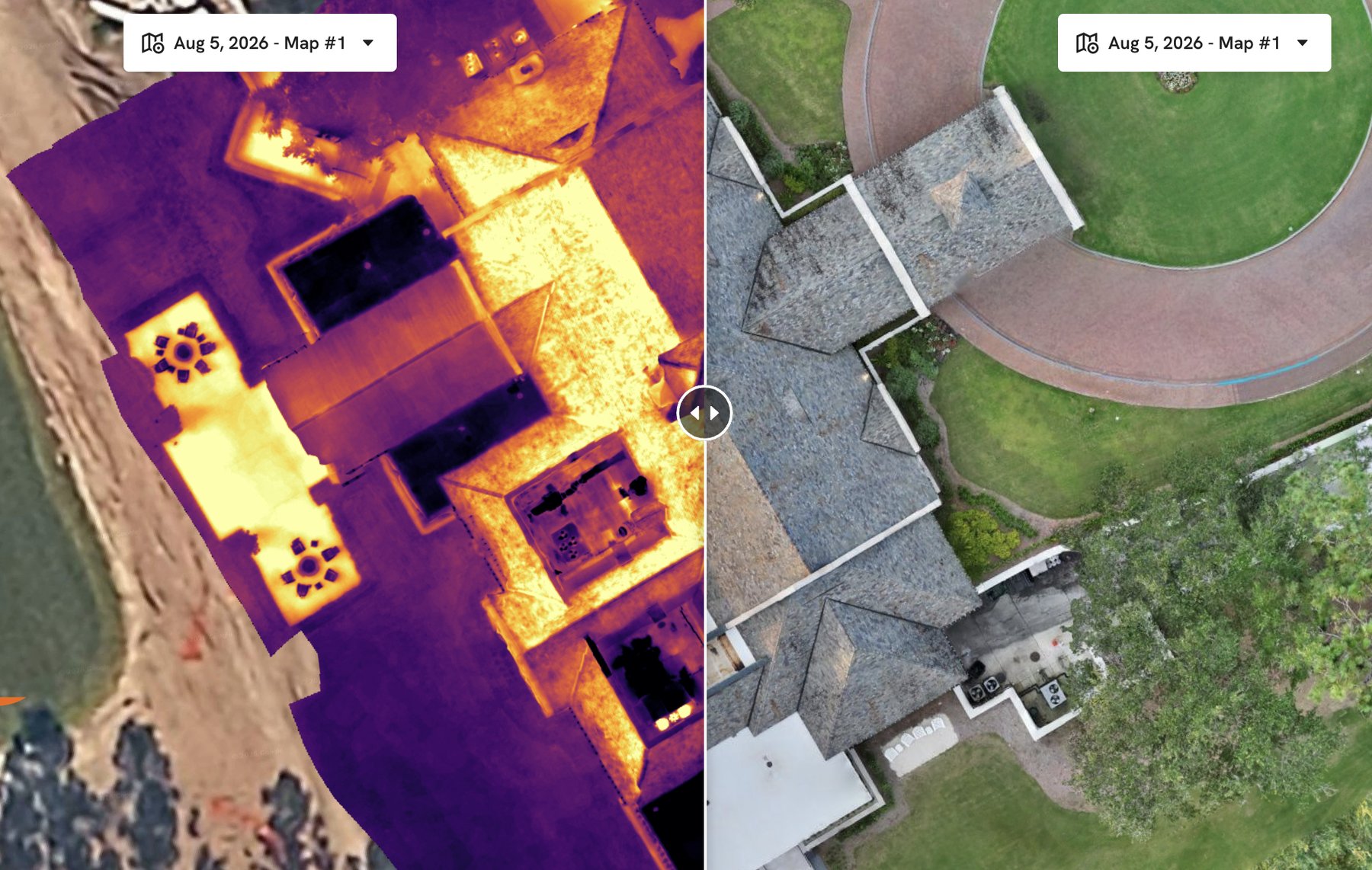 Same commercial roof documented in half high-resolution visual and half radiometric thermal — CT Aero deliverable format per ASTM C1153-23